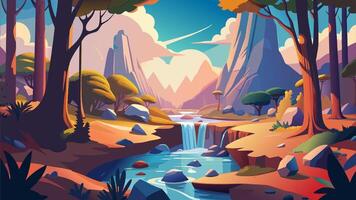 Serene Forest Stream with Majestic Mountains and Waterfall vector