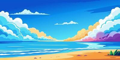 Beautiful tropical beach scene with colorful clouds and calm sea vector