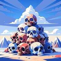 Pile of Colorful Skulls in a Desert Landscape with Blue Sky vector
