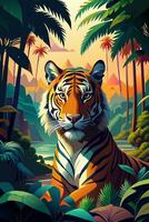 Striking Tiger in a Tropical Jungle with Rich Vegetation and Majestic Mountain View vector