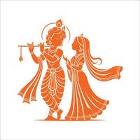 God Krishna and his beloved Radha stand gently embracing, with a flute in their hands vector