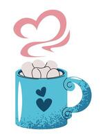 Mug with coffee and marshmallows in flat cartoon style. Cup with cocoa on white background. illustration for Valentine's day for cards, stickers, banners, etc. vector