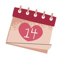 Paper calendar with February 14 in flat cartoon style. Notepad with heart on white background. illustration for Valentine's day for cards, stickers, banners, etc. vector