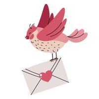 Flying pink bird with an envelope in its paws on an isolated background. illustration for Valentine's day in flat cartoon style. vector