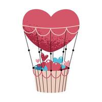 Hot air balloon with basket and hearts in flat cartoon style. Device for flying in the sky in the form of heart on white background. illustration for Valentine's day for cards, stickers, banner vector