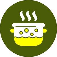 a green and yellow icon of a pot with steam coming out of it vector