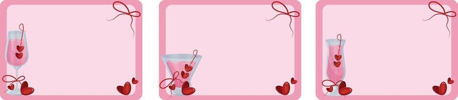 set of valentines day pink frame templates with different cocktail glasses and with pink drink and red hearts and bows on the sides of the poster, for different posters, banners or notebooks vector