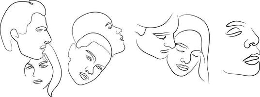 line art set of various people in love in various poses and shapes drawn with several lines, for various logos or designs vector