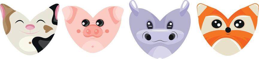 set of Valentine's day heart icons with animals, namely orange fox, cat, pig and hippopotamus in the shape of a heart for children's textiles or packaging vector