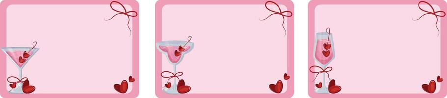 set of valentines day pink frame templates with different drink glasses and with pink drink and red hearts and bows on the sides of the poster, for different posters, banners or notebooks vector