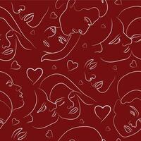 line art seamless pattern of various people in love in different poses and shapes drawn with several lines on a red background, for various logos or designs vector