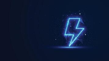 Futuristic glowing lightning bolt with plexus lines and glitter particles. The thunderbolt in the neon light style. Digital technology background vector