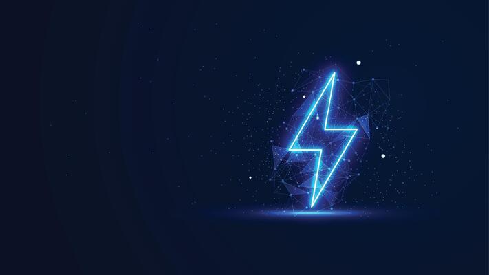 Futuristic glowing thunder with plexus lines and glitter particles. The lightning bolt in the neon light style. Digital technology background