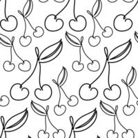 Seamless One Line Cherry Pattern with Leaves on White Background vector