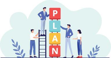Teamwork and collaboration are essential as individuals build tower of colorful blocks spelling PLAN, symbolizing strategic planning and teamwork in creative environment vector