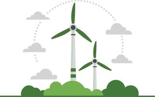 Sustainable wind turbines surrounded by greenery and clouds, symbolizing renewable energy and eco friendly technology vector