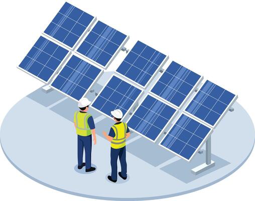 Two workers inspect solar panels in renewable energy facility, showcasing teamwork and innovation