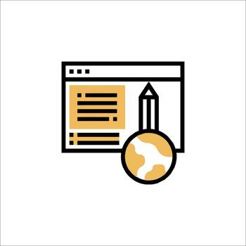 un línea icono de un computadora pantalla con un lápiz y un aumentador vaso vector