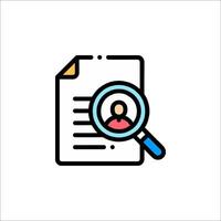 A magnifying icon with a person looking at a document vector