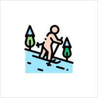 A man is skiing on a slope with trees and bushes vector