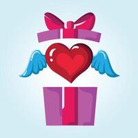 A winged heart soaring from a gift box, symbolizing love's flight and the joy of giving. Celebrate Valentine's Day with this vibrant, cartoonish illustration. vector