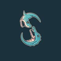 Shark battles crocodile, dynamic mascot emblem vector
