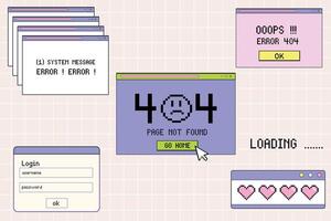 Retro style error page design with 404 message, login screen, and loading animation on a pastel grid background vector