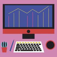 Data analyst workplace. Front view. Flat style. vector