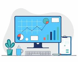 Data analyst workplace. Flat style. vector