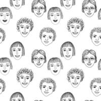 Seamless pattern with sketch of smiling young characters. Hand drawn repeating background with different kind portrait of happy people. Emotions face, lifestyle, society, friendship, race vector