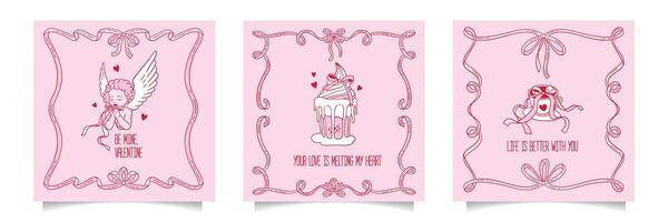 Coquette square greeting cards set. Happy Valentines Day covers with Coquettish girly doodle romantic elements with bows and ribbons knot. Invitation abstract design in handdrawn contour style. vector
