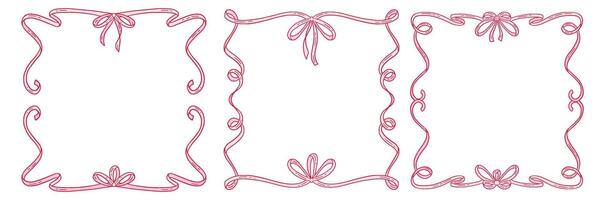Coquettish elegant decorative frames set featuring a thin ribbon bow design with flowing hand drawn contours. flat illustration for invitations, cards, and artistic projects vector
