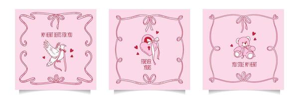 Coquette romantic greeting cards set. Happy Valentines Day covers with Coquettish girly doodle elements with bows and ribbons knot. Invitation abstract design in hand drawn contour style. vector