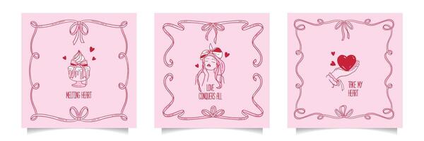 Coquettish lovely greeting cards set. Happy Valentines Day covers with coquette girly doodle elements with bows and ribbons knot. Invitation abstract design in hand drawn contour style. vector