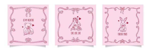Coquette square covers set. Happy Valentines Day cards with Coquettish girly doodle romantic elements with bows and ribbons knot. Invitation abstract design in hand drawn contour style. vector