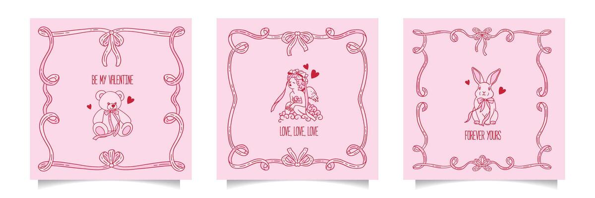 Coquette square covers set. Happy Valentines Day cards with Coquettish girly doodle romantic elements with bows and ribbons knot. Invitation abstract design in hand drawn contour style.
