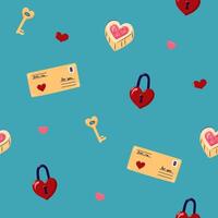 Valentine's Day Seamless pattern with envelopes and Heart Shaped Lock and Key. Cute background for textiles and packaging. illustration. vector