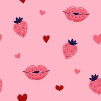 Valentine's Day Seamless pattern with strawberry and Kissing lips. Cute background for textiles and packaging. illustration. vector