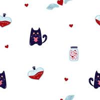 Valentine's Day Seamless pattern with cats and Heart shaped flask. Cute background for textiles and packaging. illustration. vector