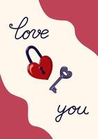 Valentine's Day Card with Heart shaped lock and key. Simple cute greeting card. illustration. vector