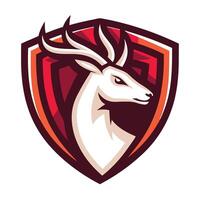 a deer head on a shield with a red and white background vector