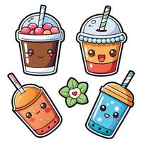 cute bubble tea set with different drinks and toppings vector