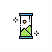 An icon of a clock with mountains and a sun vector
