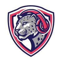 mascot icon head of leopard with headphones on head viewed from side set inside shield crest vector