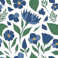 Blue flowers with green leaves natural blooming hand draw pattern vector