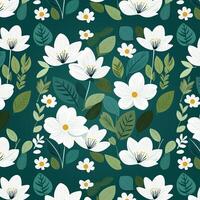 white with green leaves hand draw blooming natural flower pattern vector