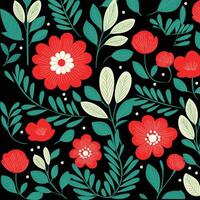 red and white flowers with green leaves seamless fabric hand draw pattern vector