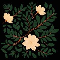 hand draw green leaves with blooming flowers pattern vector