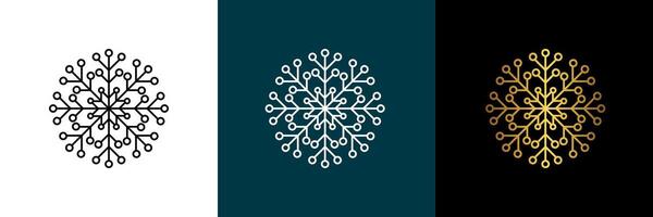 Symmetrical circular graphic logotype, snowflake. circular pattern. Color black, white, gold. Isolated design element for themes abstract geometrical modern decoration round logo template. vector