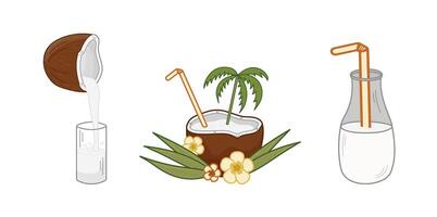 Coconut drinks with tropical leaves. Coconut water is being poured into a glass, bottle milk beside a coconut cocktail with green palm trees, creating tropical vibe. Isolated illustration. vector